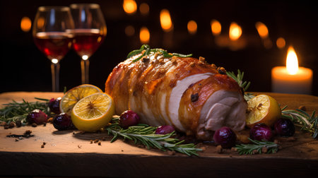 Christmas roast turkey with cranberries and rosemary on a wooden boardの素材