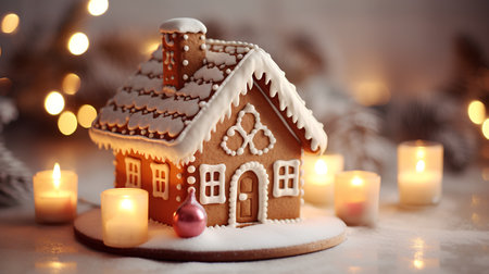 Gingerbread house on a background of burning candles and Christmas decorationsの素材