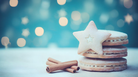 Christmas cookies with star and cinnamon on a blue bokeh backgroundの素材