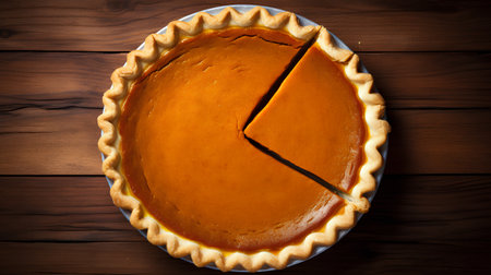 Pumpkin pie on wooden background. Top view. Toned.の素材