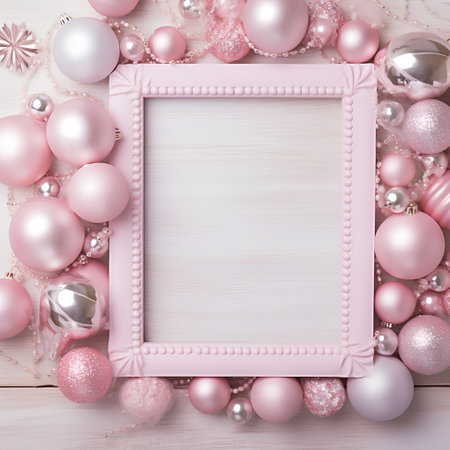Christmas greeting card with pink baubles and frame on wooden backgroundの素材