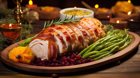 roasted turkey roll with cranberries and green beans on wooden plateの素材