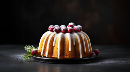 Christmas bundt cake with cranberries and icing sugar on dark backgroundの素材