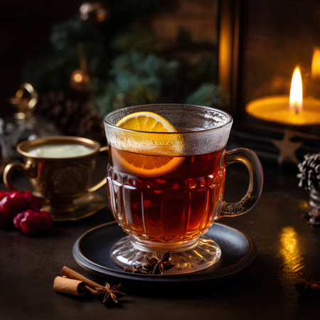 Mulled tea with spices on a wooden background. Selective focus.の素材