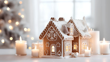Gingerbread house with burning candles on light background. Christmas decorationの素材