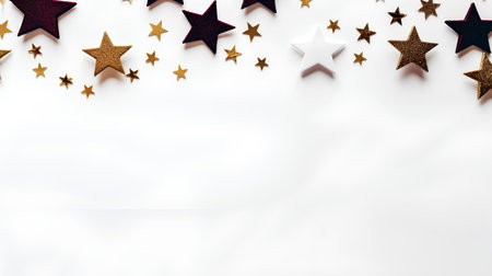 Christmas background with stars and confetti. Festive decoration. Flat lay, top view.の素材