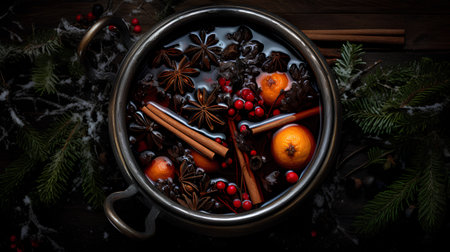Hot mulled wine with spices and tangerines on wooden backgroundの素材