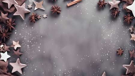 Christmas background with stars, anise and cinnamon on a dark backgroundの素材