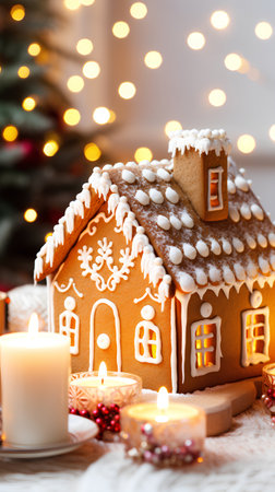 gingerbread house on the background of a Christmas tree and candlesの素材