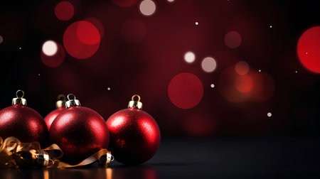 Christmas background with red baubles on bokeh lights backgroundの素材