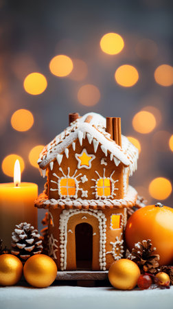 Gingerbread house and christmas decoration on bokeh backgroundの素材