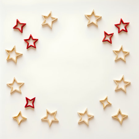 Red and gold stars on a white background. 3d illustration.の素材