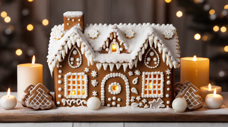 Christmas gingerbread house on wooden background with burning candles and bokehの素材