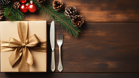 Christmas table setting with gold gift box, silverware and fir tree branches on wooden backgroundの素材