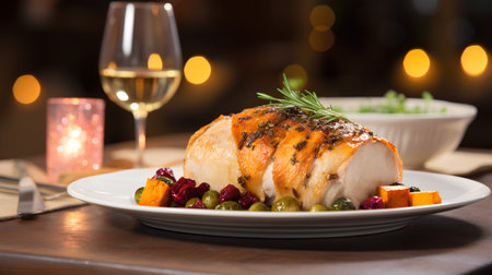 Roasted chicken with grapes and wine on a table in a restaurantの素材