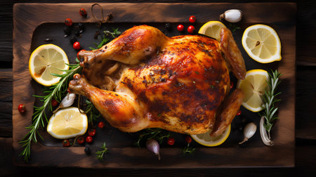 Roasted whole chicken with lemon, rosemary and spices on wooden boardの素材