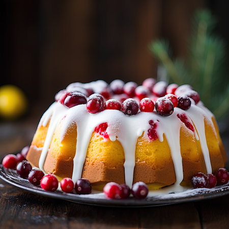 Cranberry bundt cake with icing sugar and fresh cranberriesの素材
