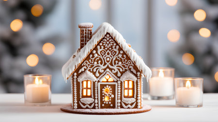 Gingerbread house with candles on table against blurred lights, closeupの素材