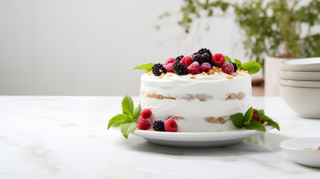Pavlova cake with whipped cream and fresh berries, squareの素材