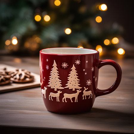 Cup of coffee with christmas tree and cookies on wooden backgroundの素材