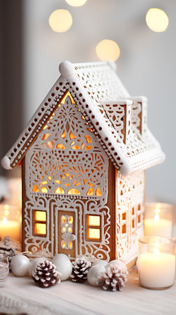 Beautiful Christmas gingerbread house with candles on blurred background, closeupの素材