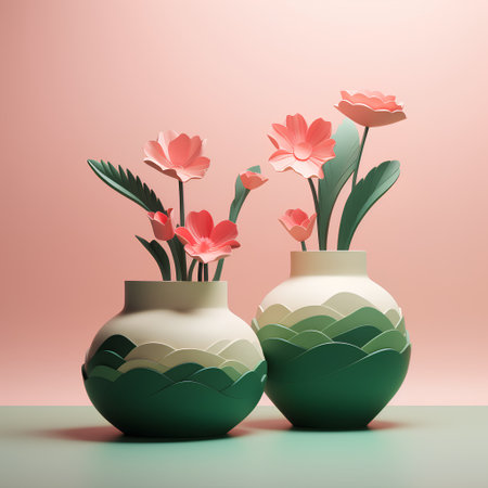 3d render of vases with flowers in pastel colors.の素材