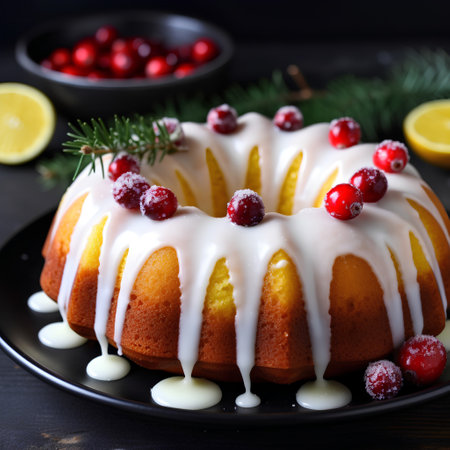 Christmas bundt cake with cranberries and icing on a black backgroundの素材
