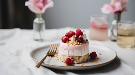 Cake with raspberries and oat flakes on a plateの素材