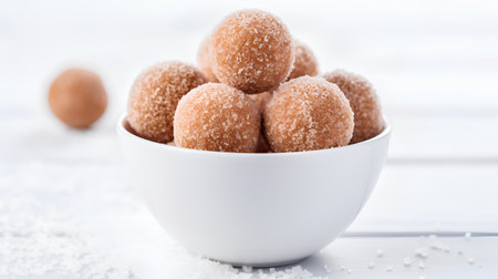 Coconut sugar balls in white bowl on white wooden background.の素材