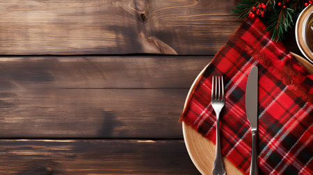 Christmas table place setting with red plaid and cutlery. Top view with copy spaceの素材