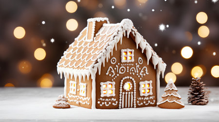 Gingerbread house on bokeh background. Christmas and New Year concept.の素材