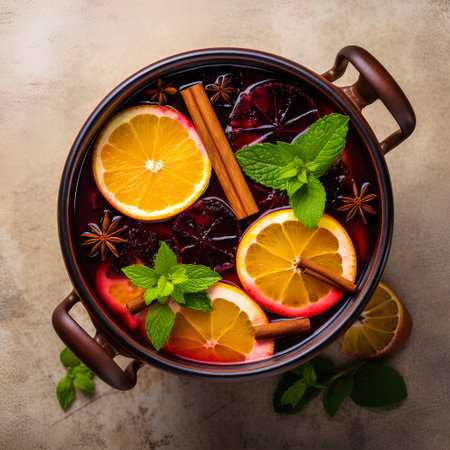 Mulled wine with spices and fruits. Selective focus.の素材