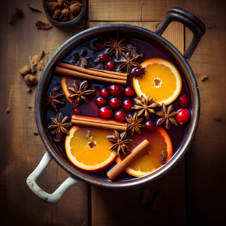 Mulled wine with spices on wooden background. Top view.の素材