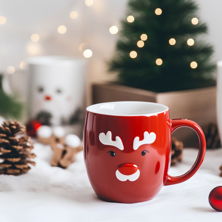 Cup of hot drink with christmas tree and decorations on backgroundの素材