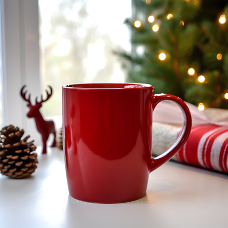Cup of hot drink on a windowsill with Christmas tree in the backgroundの素材
