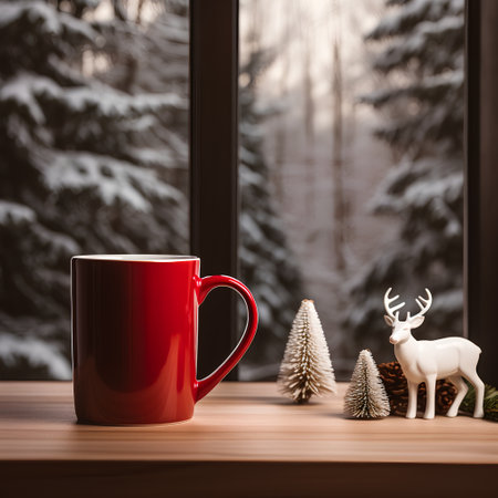 Red cup of coffee or tea with christmas tree and deer toy on wooden table in front of windowの素材