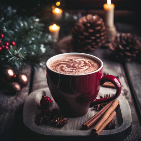 Cup of coffee with christmas decoration on wooden background. Toned.の素材