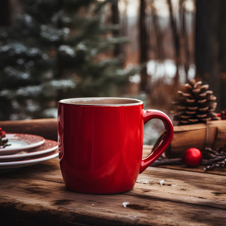 Red cup of hot drink on wooden table with christmas tree on backgroundの素材