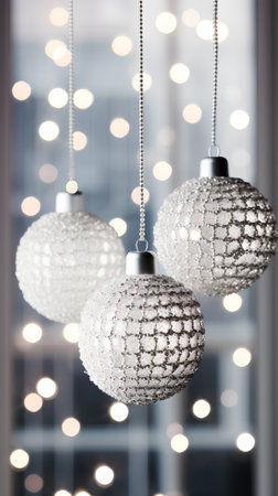 Silver Christmas baubles on bokeh background, closeupの素材