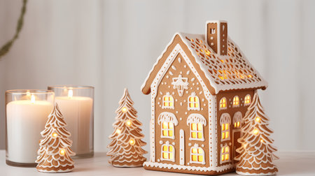 Christmas gingerbread house with candles on a white table. 3d renderingの素材