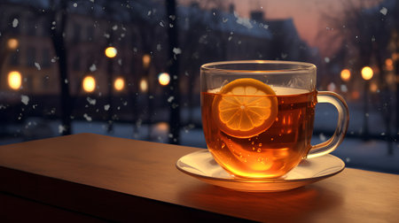 Cup of tea with lemon on the background of the night cityの素材