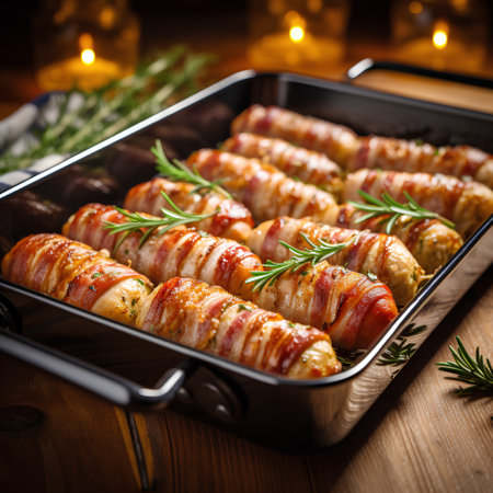 Baked bacon wrapped in bacon with rosemary on wooden background.の素材