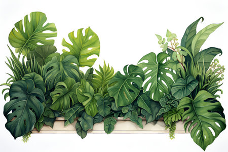 Tropical leaves of monstera, philodendron, fern and other plants in the terracotta pot isolated on white backgroundの素材