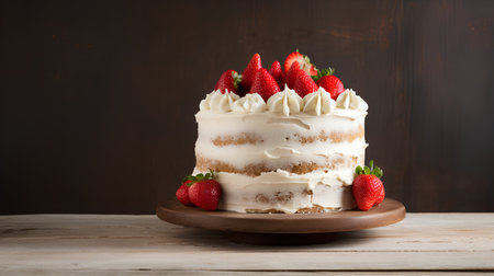 Pavlova cake with cream and strawberries on a wooden backgroundの素材