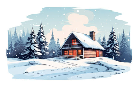 Winter landscape with wooden house and spruce forest. Vector illustration.の素材