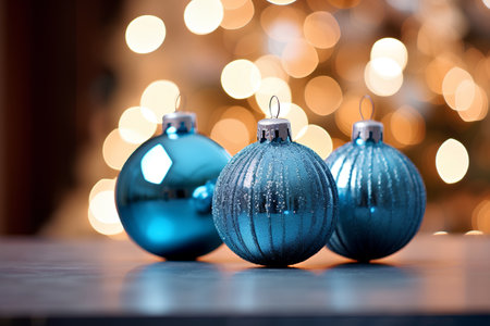 blue christmas balls on bokeh background, christmas greeting cardの素材