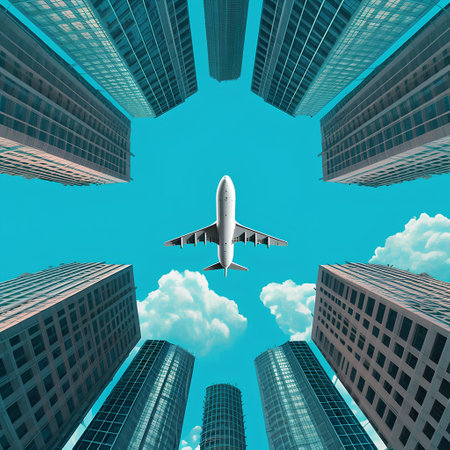 Airplane flying over skyscrapers. Business travel concept. 3D Renderingの素材