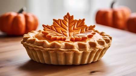 Pumpkin pie with autumn leaf on top on a wooden tableの素材