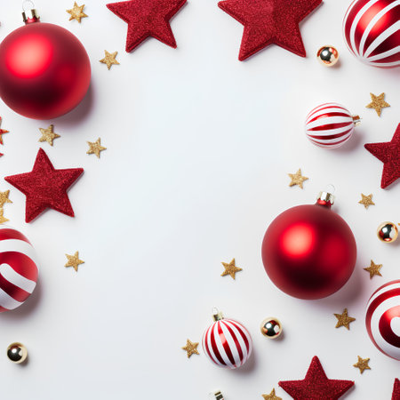 Christmas background with red and gold baubles and stars on white background. Top view, flat lay.の素材