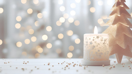Christmas greeting card with christmas tree and candle on bokeh backgroundの素材